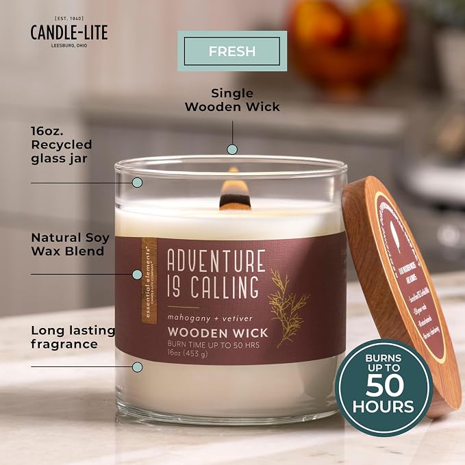 Candle-lite Essential Elements Scented Candles, Adventure is Calling, 16 oz Jar, Proudly Poured in The USA, Aromatherapy, Single-Wick with 50 Hours Burn Time, Perfect for Creating a Relaxing Ambiance
