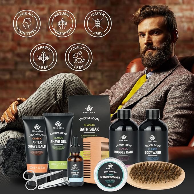 14 Pcs Bath & Body Gift Set for Men, Father's Day Gifts, Beard Grooming, Home Spa & Self Care Gift Basket, Shave Gel, Leather Bag, Christmas, Birthday, Anniversary, Dad, Husband, Boyfriend