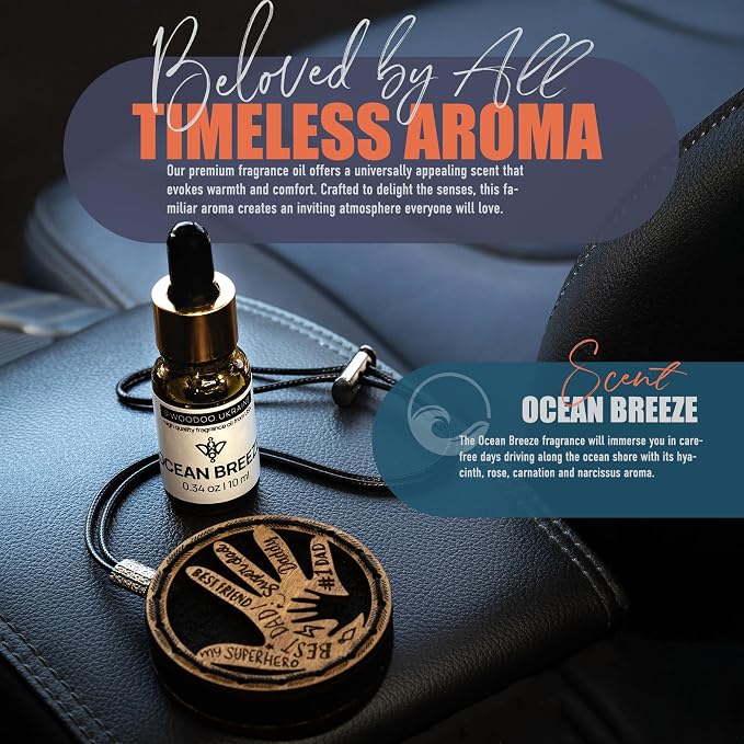 Handmade Wood Car Air Freshener — Father’s Hands Designed Refillable Essential Oil Diffuser — Long Lasting Ocean Breeze Fragrance Oil 10 ml — Car Accessories Gift Box