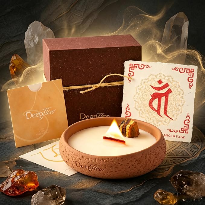 DEEP FLOW Tiger’s Eye Luxury Protection Candle - Jangchub Gold Ritual, Confidence & Grounding Scented Candle for Manifestation & Strength (Golden Resilience)