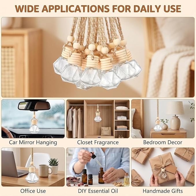 10 Pcs 8ml/0.27oz Hanging Car Air Freshener Bottles, Empty Clear Glass Diffuser Vials with Natural Wood Cap & Adjustable Rope, Refillable Car Perfume Pendant for Aromatherapy Fragrance Home Office