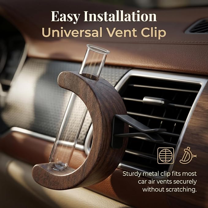 Car Vent Clip Bud Vase, Car Air Vent Propagation Vase Diffuser, Glass Tube Plants Ornamental Decoration, Universal for Horizontal, Vertical, Angled Outlets (C-Shaped Walnut)