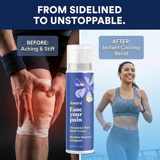 ASUTRA Relief Cream, Cooling Sensation, Temporary Relief from Muscle Discomfort and Soreness, 4% Menthol, Arnica Montana, MSM, 3 oz
