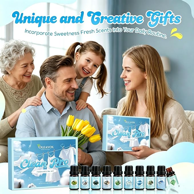 Clean Fragrance Oils Set,Gifts for Mom,10 Premium Essential Oils Set for Diffuser, Soap & Candle Making, Dryer Ball,Home Fragrance,Fresh Cotton, Fresh Clean Air, April Clean and More 10x5ml Scent Oil