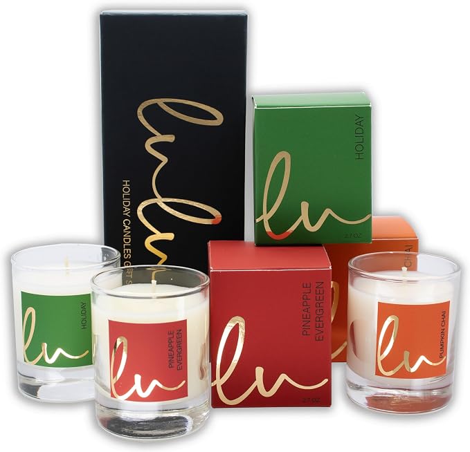 Lulu Candles | Holiday, Pineapple Evergreen, Pumpkin Chai | Luxury Scented Soy Jar Candle | Hand Poured in The USA | Highly Scented (Holiday Gift Set - 3 PC, 2.7 Oz. Votives)