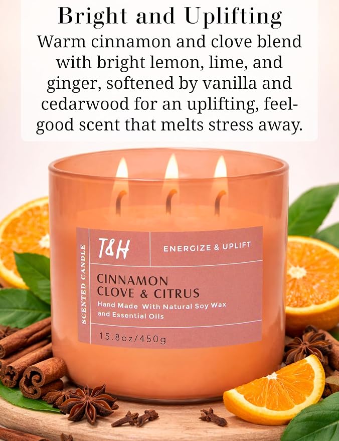 Cinnamon Clove Citrus 3-Wick Soy Candle | 15.8 oz Large Scented Candle for Home | Clean Burn Long Lasting | Spiced Lemon Lime Scent | Gift Ready