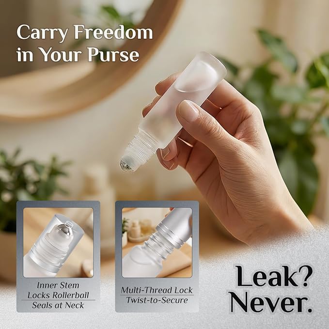 PrettyCare 4 Pack, 10 ml Essential Oil Roller Bottles with Stainless Steel Roller Ball - Refillable Leak-proof Empty Thick Frosted Glass Roll on Bottles with Silver Caps for Travel, Perfume