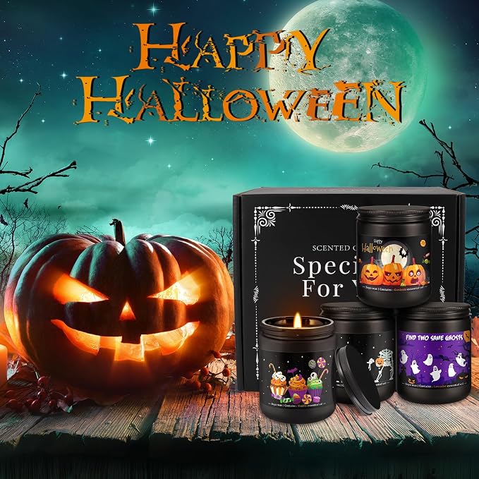 Halloween Scented Candles Set of 4 (7oz Each) – Spooky Aromatherapy Soy Wax Candles with Bat & Ghost Designs, Smokeless for All Saints' Day, Home Decor & Festive Gifts