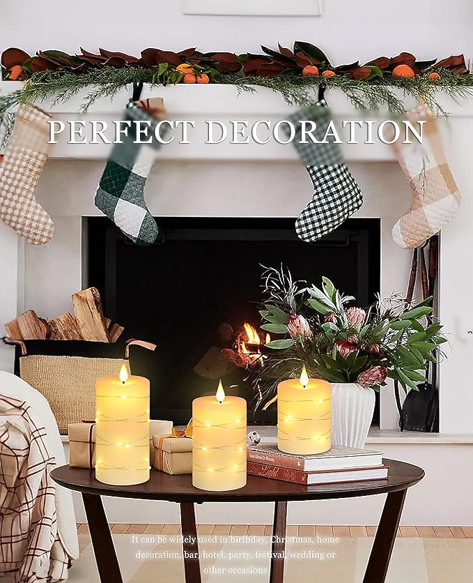 Upinmz Flickering Flameless Candles with Embedded String Lights, Battery Operated Candles with Remote Control and Timer,LED Candles for Home Decoration,Real Wax,3 Pack Ivory