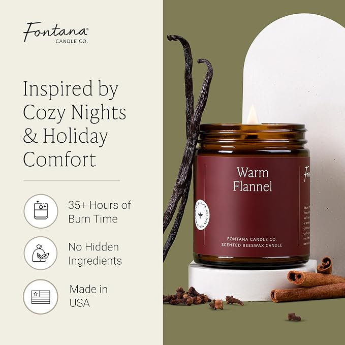 Fontana Candle Co Wood Wick Beeswax Jar Candle, Warm Flannel – Made Safe with Coconut Oil & Pure Essential Oils – 35+ Hrs Clean Burn, Long Lasting and Non-Toxic Candles for Home & Room Décor