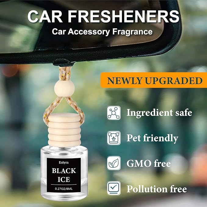 Hanging Car Air Freshener (Pack of 3) : Luxury Car Perfume for Women Men | Cute & Reusable Bottle with 45+ Days Long-Lasting Fragrance Oil Diffuser, Black ice
