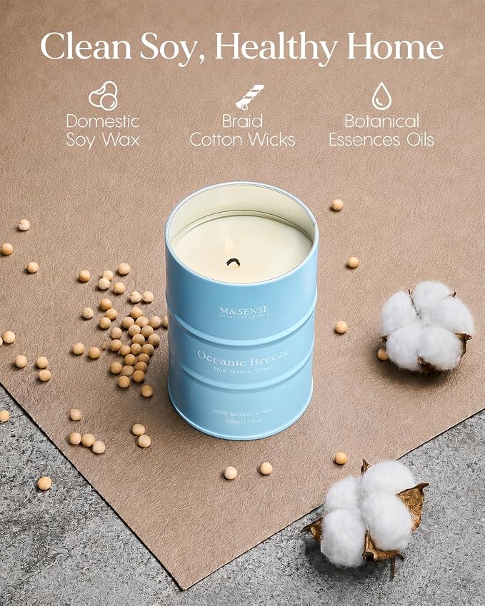 M&SENSE Oceanic Breeze Scented Candles Summer Soy Candle, Beach Candles Scented for Stress Relief Meditation Relaxing, Housewarming Gifts for Women Men, 11.3oz 70 Hour Long Burning