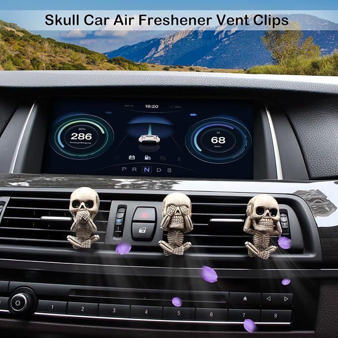 Skull Car Air Fresheners Vent Clips with 10 ml Pure Lavender Essential Oil, Cute Skeleton Car Decor Accessories, Automotive Stuff Horror Halloween Christmas Vehicle Decorations Gifts