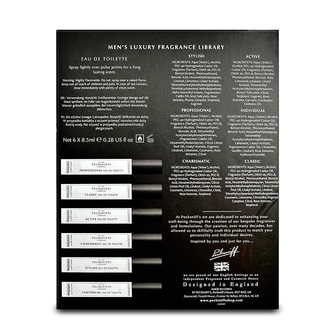 Pecksniff’s Men’s Fine Fragrance Gift Set – 6x10ml Eau de Toilette Collection – Luxury Cologne Sampler, Designed in England