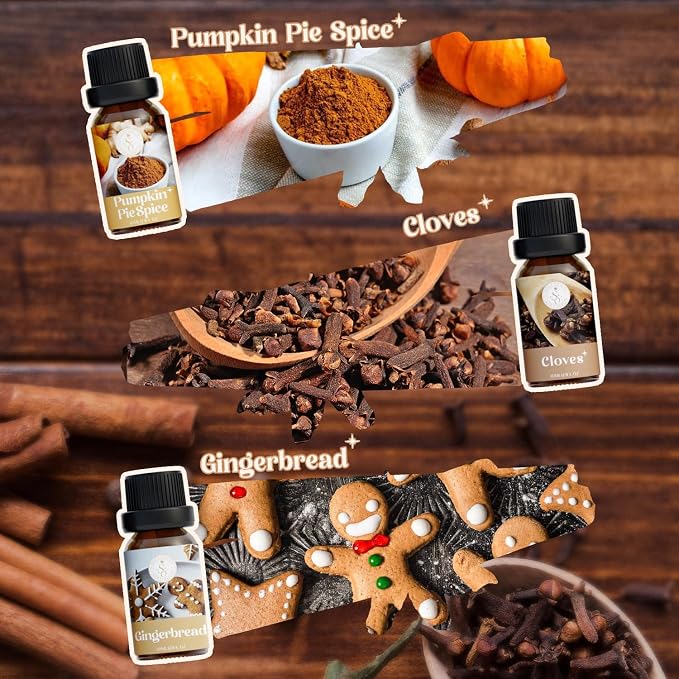 Soulorigin Autumn Spice Essential Oils Set – Cozy Fall Fragrance Oils for Diffuser & Candle Making – Cinnamon, Vanilla, Pumpkin Pie, Nutmeg, Clove, Gingerbread – Warm Home Aroma & Gift Set