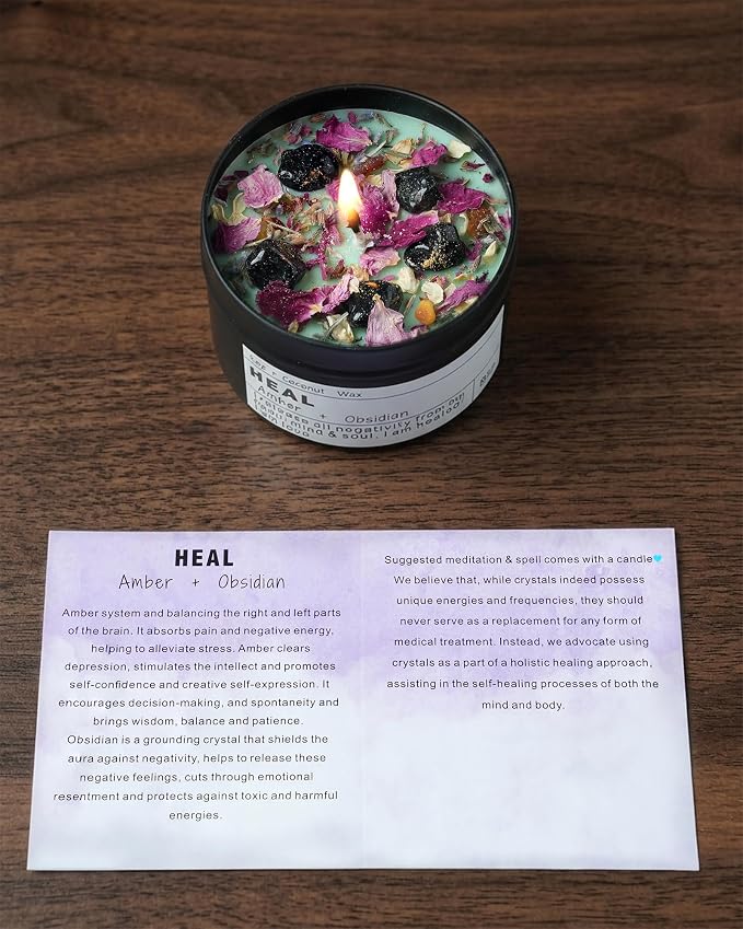 HEAL Candle Gift, Obsidian & Amber, Self Care, Comfort Gift for Her, Thinking of You, Stress Relief, Meditation Candle, (8oz)