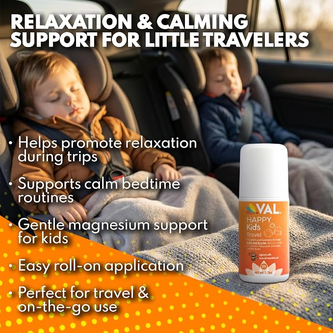 VAL Happy Kids Travel Magnesium Roll-On, Relaxation & Calmness Formula for Kids, Zechstein® Magnesium with Chamomile & Shea Butter, Topical Roll-On, 1.7 oz