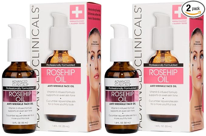 Advanced Clinicals Rosehip Oil For Face With Vitamin E + Botanicals Helps Improve Look Of Dark Spots, Wrinkles, Fine Lines, & Uneven Looking Skin Tone | Moisturizing Skin Care Face Serum, 2-Pack