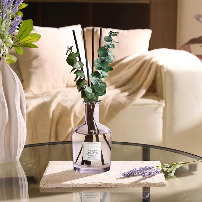 COCORRÍNA Lavender Eucalyptus Reed Diffuser – 6.76 oz Essential Oil with 8 Reeds & Real Eucalyptus Sticks, Home Fragrance for Bedroom or Bathroom Décor