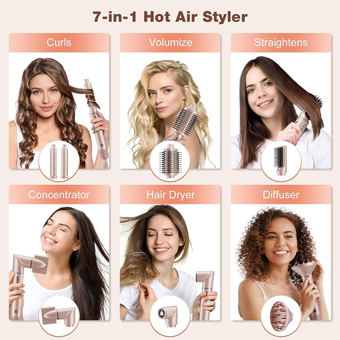 7MAGIC 7-in-1 Hot Air Styler, Hair Styler Dryer Brush with Auto-Wrap Curlers, High-Speed Hair Dryer for Fast Drying, Volumizing & Straightening, Travel Case Included, Pink