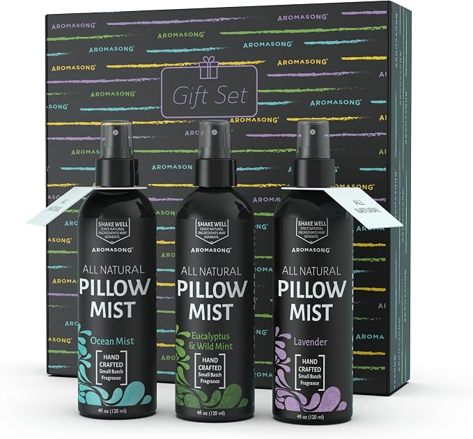 Aromasong All Natural Pillow Spray Holiday Gift Pack of Lavender, Ocean Mist, and Eucalyptus Included - Calming Linen & Bedtime Natural Essential Oil Mist Spray for Sleeping