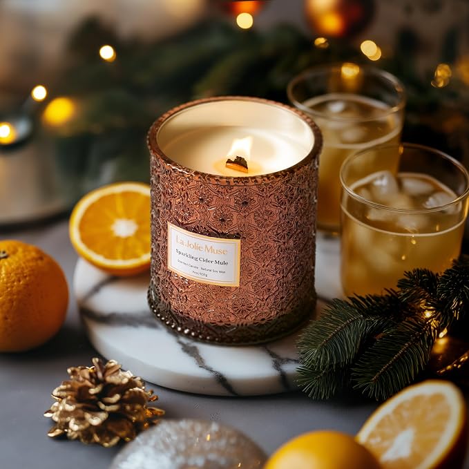LA JOLIE MUSE Sparkling Cider Mule Scented Candle for Home | Fall Winter Holiday | 19 oz Non Toxic Natural Soy | Large Jar Candle | Luxury Gifts for Women & Men | Apple & Cinnamon | Wood Wick