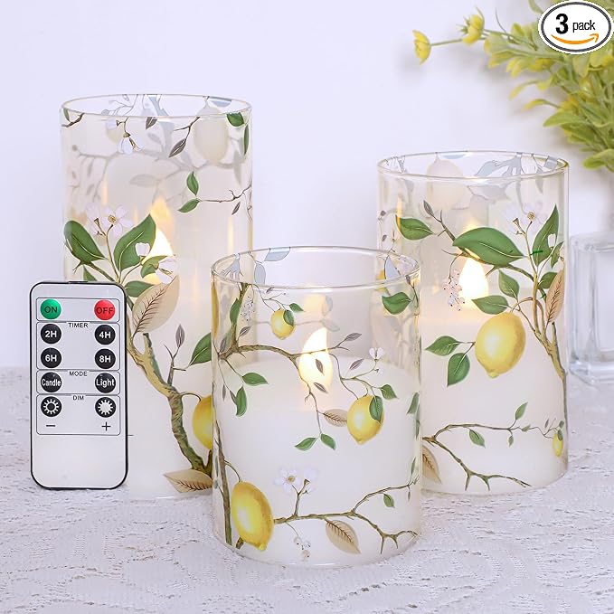 Flameless LED Candles with Remote Lemon Decal Glass Flickering Battery Operated Candles for Home Room Party Wedding Holiday Christmas Valentine's Day Decor - Set of 3