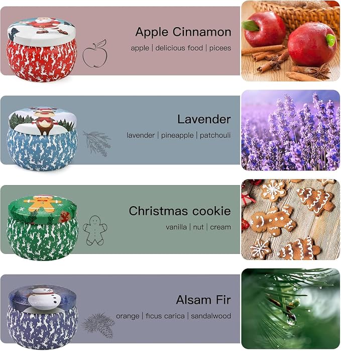 Christmas Candle Gift Set for Women, 4 Pack Long Lasting Soy Wax Candles with Lavender, Cookie, Fir & Cinnamon Apple Scents, Aromatherapy Candles for Home, Perfect Holiday Gifts