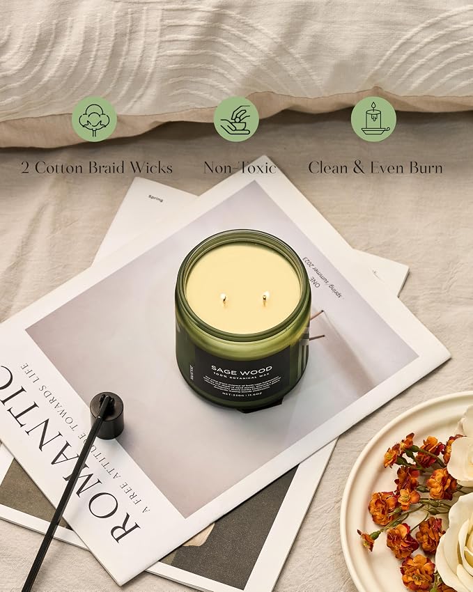M&SENSE Sage Wood Scented Candle, 11.6oz 70 Hours All Natural Soy Wax Clean Non Toxic Slow Burning Candle for Relaxing & Stress Relief, 2 Wick Fragrance Gifts for Relaxation Home Cleasing