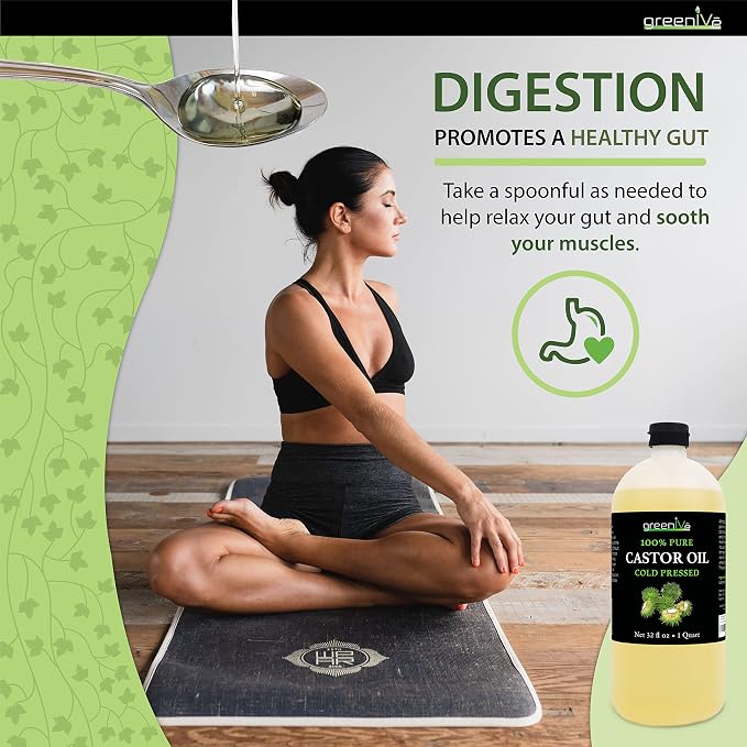 GreenIVe 100% Pure Castor Oil, 32 Fl oz | Cold-Pressed, USP Grade, Hair, Eyebrows, Eyelashes, Skin Moisturizer, Castor Pack Wrap Oil Bulk Bottle