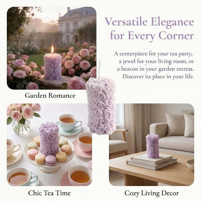 Rose Flower Engraved Scented Candle,Purple Rose Cluster Design,Floral Soy Wax Aroma Decorative Pillar Candle for Valentine's Day,Birthdays & Aesthetic Spaces