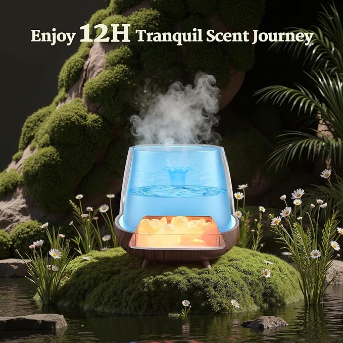 JJNJJN Essential Oil Diffuser for Home: 200ml Aromatherapy Diffuser with Himalayan Pink Salt Rock, Cool Mist Humidifier with Auto Off Function and 9 Colors LED Night Light for Bedroom, Black