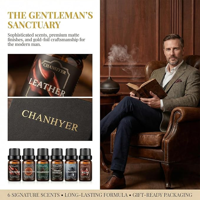 Essential Oils for Diffusers for Home Gentlemen's Set Fragrance Scents 6x10ml-Leather,Sandalwood,Cedarwood,Smoke Vanilla,Cologne,Rum for Aromatherapy,Humidifiers&Massage