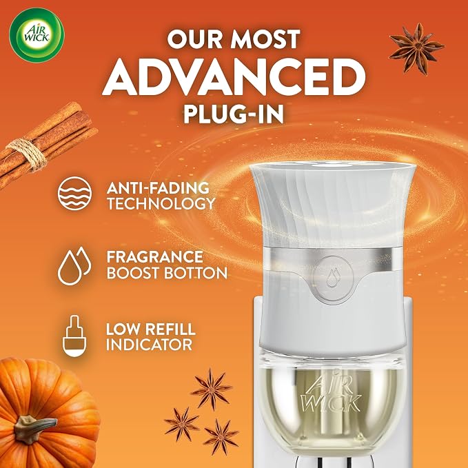 Air Wick Plug-In Scented Oil Refills, 4 Count, Pumpkin Spice, Air Freshener, Essential Oils, Eco Friendly