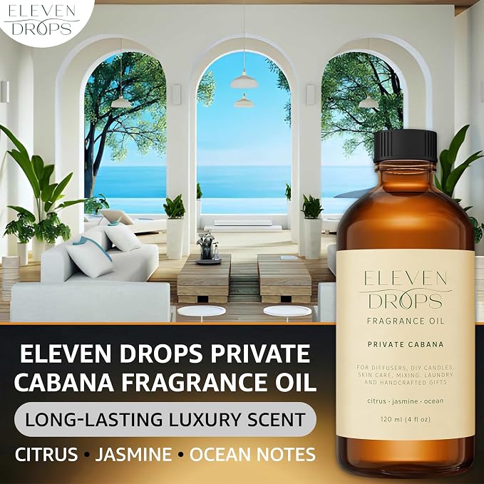 Private Cabana Fragrance Oil | Citrus, Jasmine & Ocean Notes | Long Lasting Scent Reed Diffuser Oil for Home, Office, Hotel, Spa, Car & Linen Spray | Pet Friendly IFRA Compliant, 4 oz