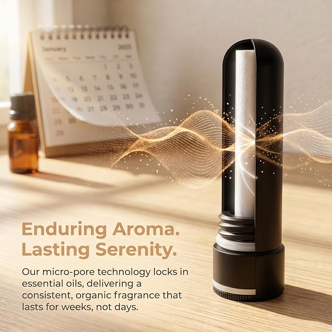 Metal Aromatherapy Inhaler with Leak-Proof Seal | Refillable Essential Oil Nasal Stick | 20 Cotton Wicks Included - Black