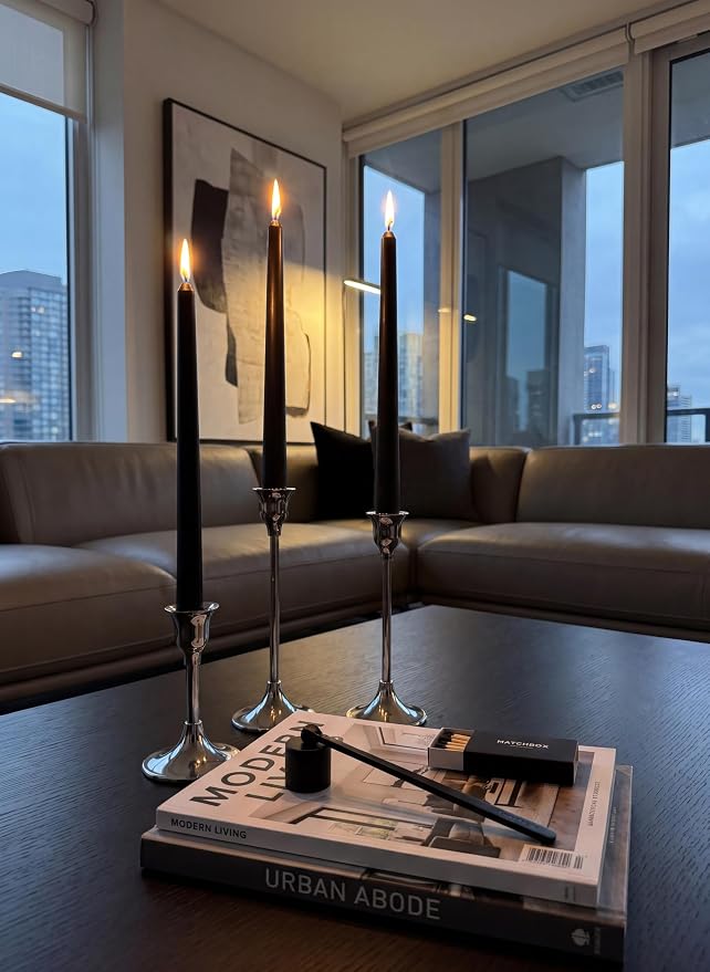 12PK 10" Classic Taper Candles, Black, 7-8 Hours Long Burning, Unscented Tall Candlesticks