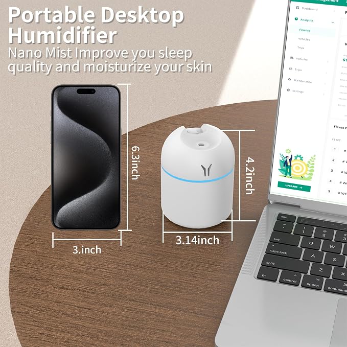 Portable Mini Humidifier, 250ML 3-in-1 Cool Mist With Aroma Pads, Colorful Night Light, USB for Car and Travel (White)
