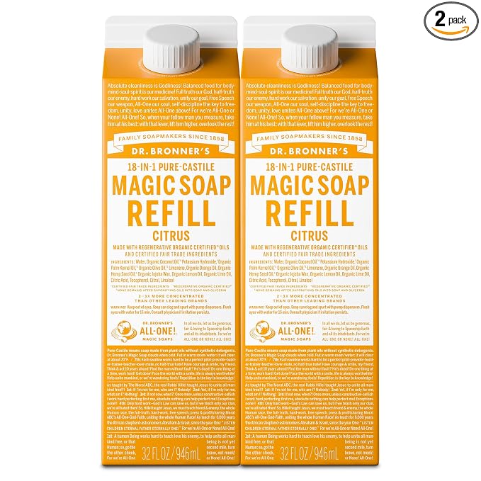 Dr. Bronner's Magic Soap-Pure-Castile Liquid Refill (Citrus, 32 ounce, 2-Pack) - Made with Regenerative Organic Certified Oils, For Body, Hair, Laundry, Pets & Dishes - Concentrated, Vegan, Non-GMO