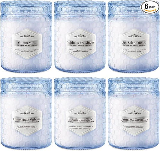 Lake Blue Candles for Home Scented, 6 Pack of 5.5 Oz Natural Soy Wax Candles in Decorative Glass, Home Aromatherapy Gifts Sets for Women Birthday Christmas Refresh & Relaxation