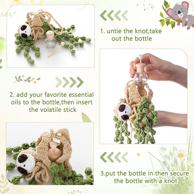 DaisyInner Cute Crochet Plant Car Freshener 12ml Empty Refillable Diffuser Bottle with Plants Hanging Accessories for Ornaments Charms Rearview Mirror Home Office Decor Women Gifts(Sloth)