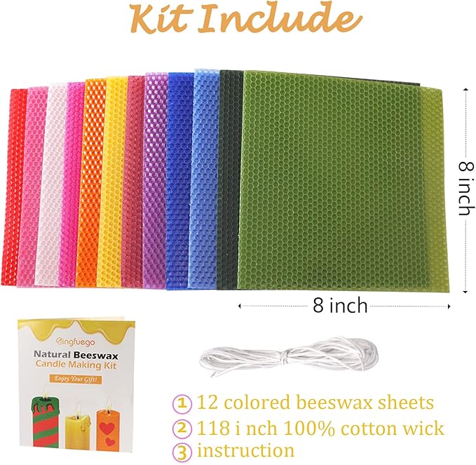 Bingfuego Beeswax Candle Making Kit for Beginners-12 Beeswax Sheets for Candle Making Rolling Kits, Natural Beeswax Candle Making Kit (Bright Color, 8 x 8 inch)