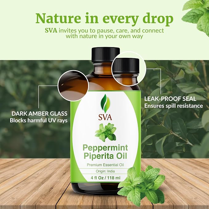 SVA Peppermint Piperita Essential Oil – 4 Fl Oz – 100% Natural Piperita Oil - for Diffuser, Hair Care, Face, Skin Care, Aromatherapy, Scalp and Body Massage, Soap and Candle Making - with Dropper