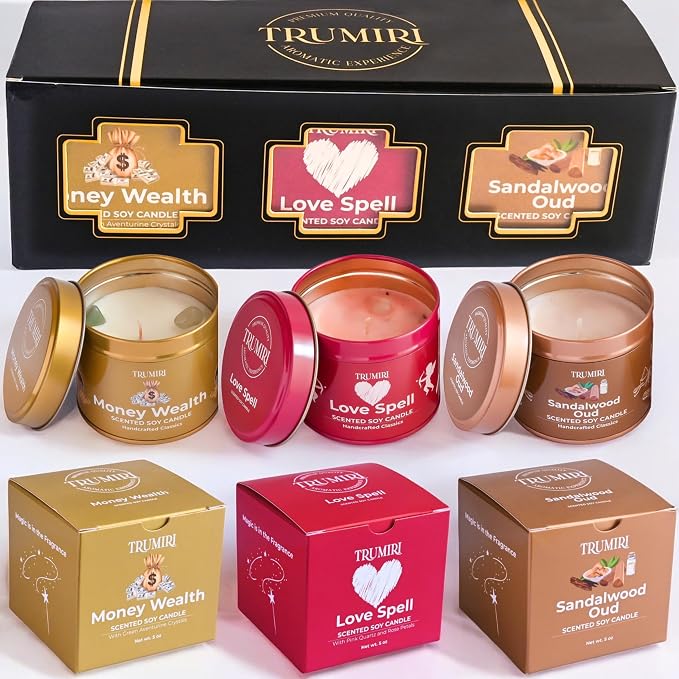 Love Spell, Money Wealth, Sandalwood Oud - Soy Candles Non Toxic - Highly Scented Long Lasting with Essential Oils - Variety Pack of 3 x 5oz - for Home Aromatherapy Meditation Gift Travel