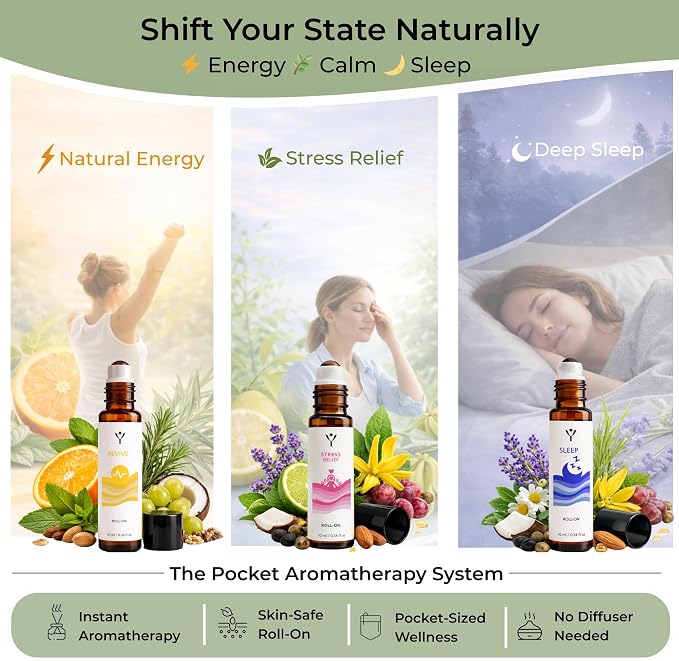 Essential Oil Roll On Set (3 Pack) – Sleep, Stress Relief & Revive Aromatherapy Rollers – Pre-Diluted Travel Size Blends for Relaxation & Bedtime – Wellness Gift for Women