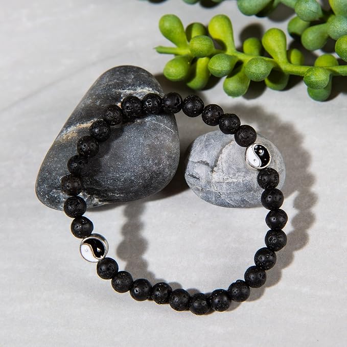 Wild Essentials 2 Bracelet Set, Yin Yang Lava Stones, White, Black, Expandable up to 8 inches, Aromatherapy Jewelry for Women, Men, Best Friends, His and Hers, Essential Oil Diffuser, Grounding Calm