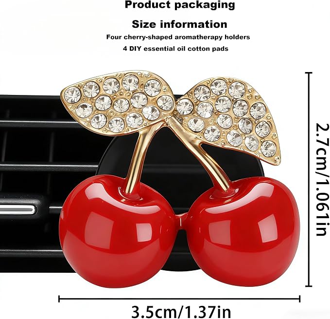 4Pcs Cherry-Shaped Car Air Freshener Vent Clips with Rhinestones, Unscented Cute Car Air Freshener for Men Women, Fragrance Diffuser Clip for Car and Truck Air Fresheners, Sparkling Decor-A10