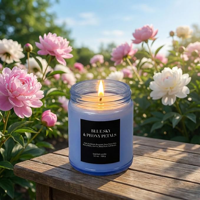 Blue Sky & Peony Petals Scented Candle 6.5oz – CW Studio Color-Sprayed Glass Jar, Fresh Floral Spring Aroma – Gift for Women, Birthday & Bridal Shower – 30-35 Hour Burn