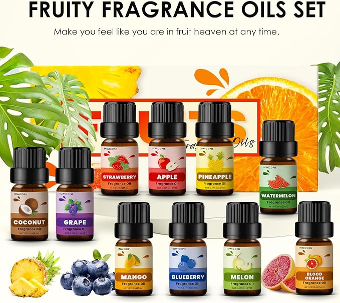 Fruity Fragrance Oil for Candle & Soap Making, INWICOPH Premium Essential Oils 5ml x 10 - Blueberry, Strawberry, Mango, Blood Orange, Essential Oil Diffusers for Home