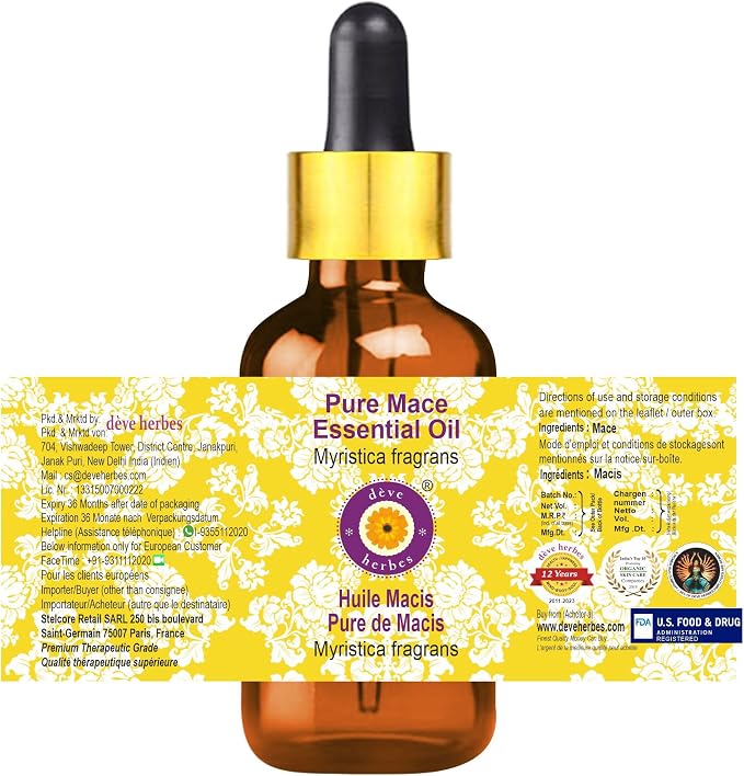 dève herbes Pure Mace Essential Oil (Myristica fragrans) with Glass Dropper Steam Distilled 50ml (1.69 oz)